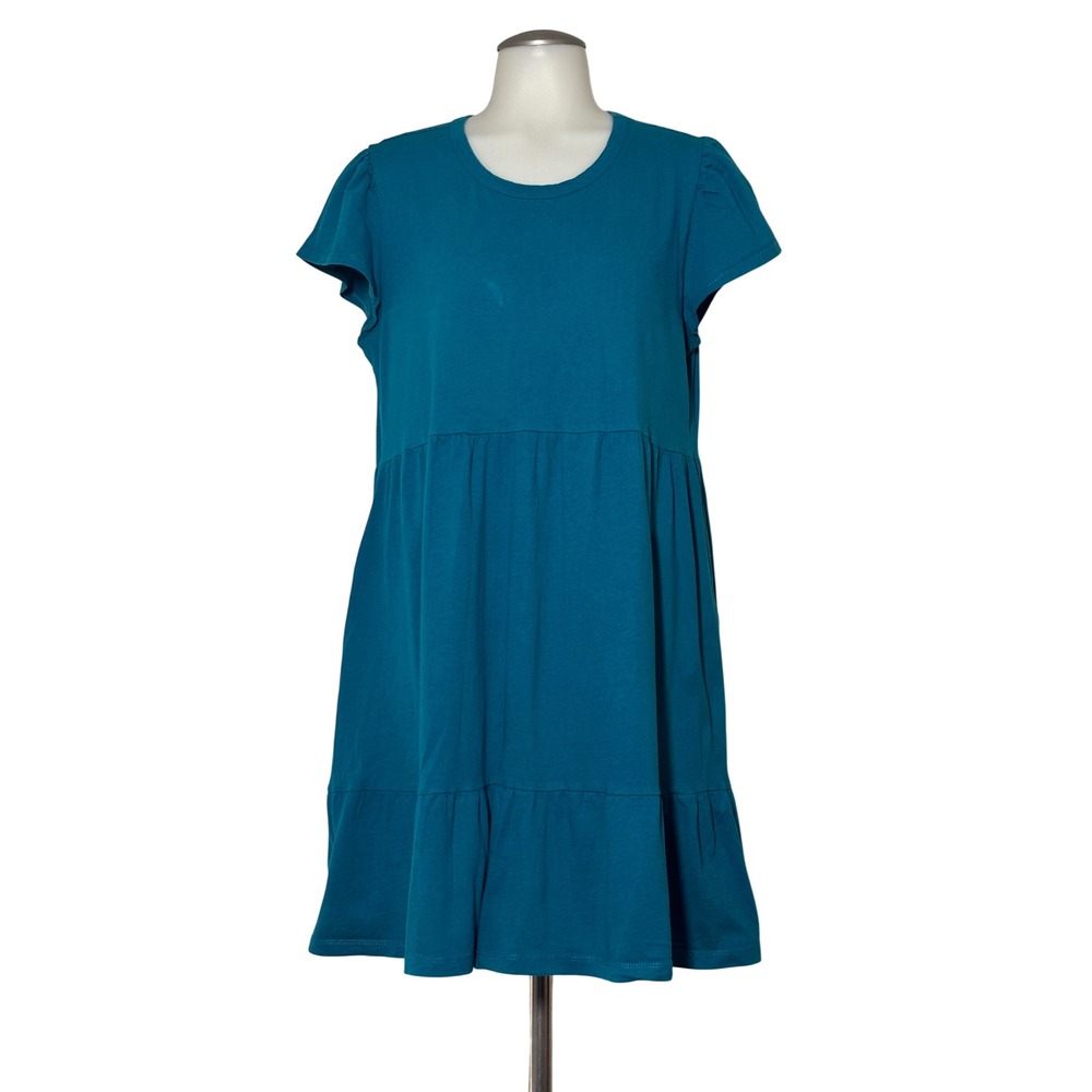 Time and Tru Tiered Knit Dress Womens Medium 8-10 Teal‎ Blue Pockets EUC Cotton!